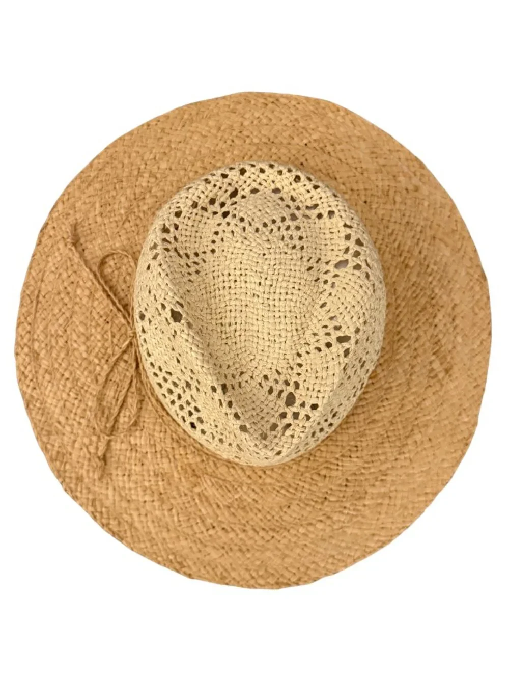 Talbots Open Weave Adjustable Straw Sun Hat Tan Wide Brim Beach Fedora Boho NEW
